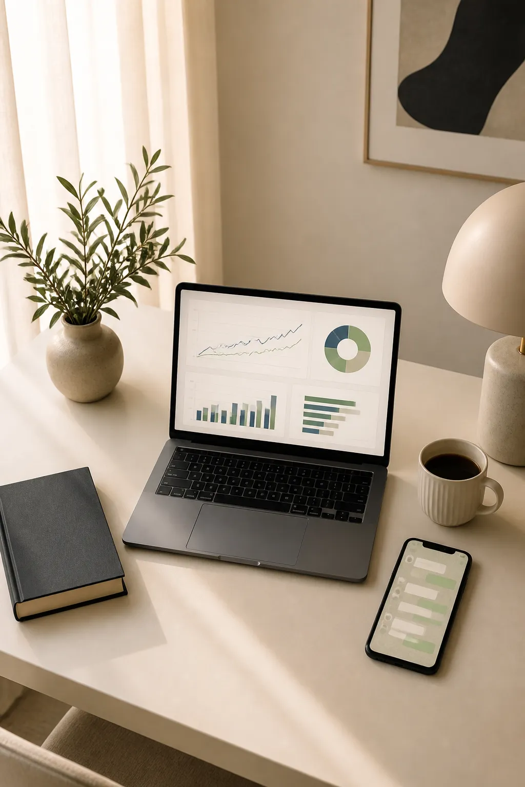 Clean desk setup showing the GrowdioAI workflow: laptop, WhatsApp on mobile, and authority book