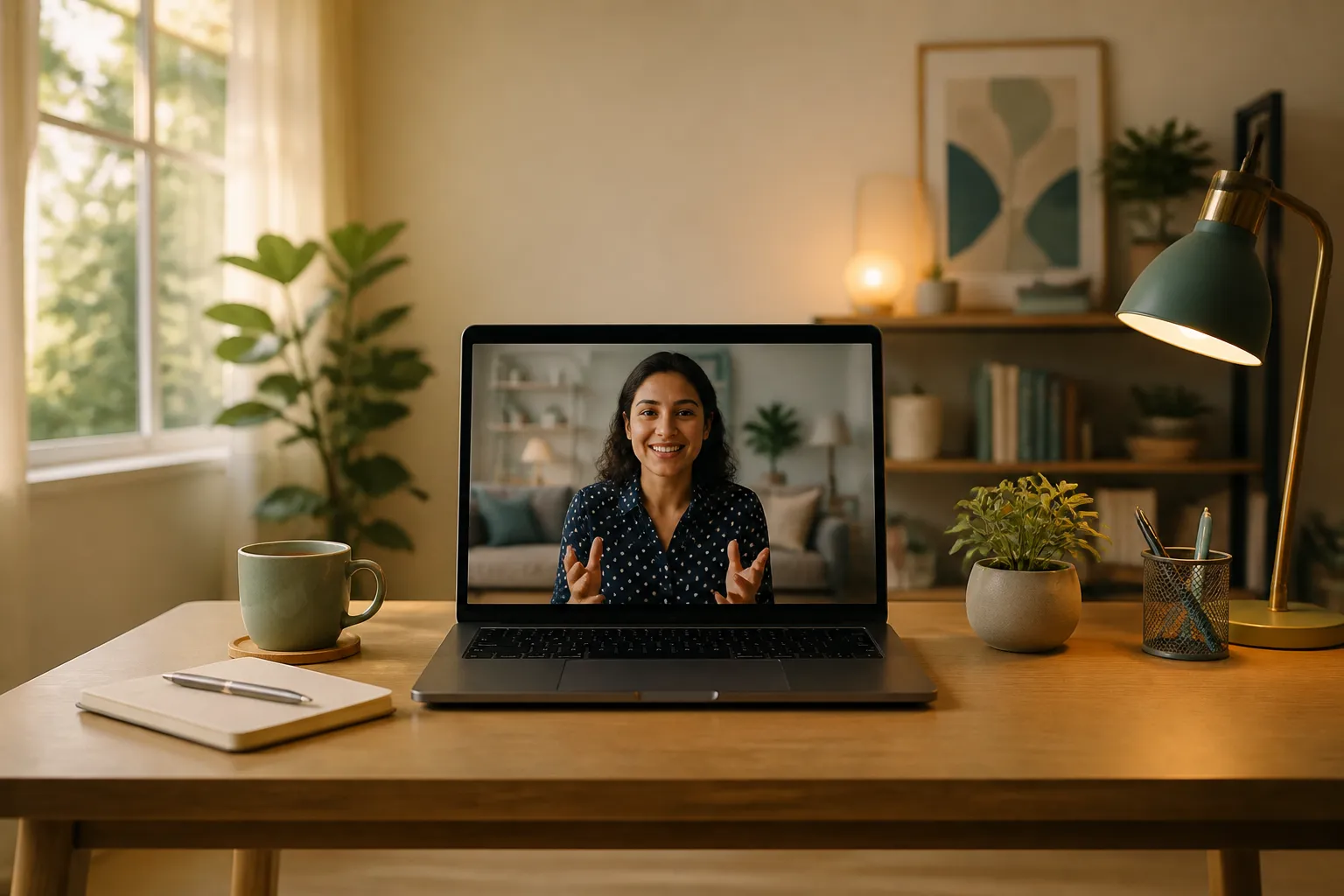 Professional strategy call in a warm, organised home office setting
